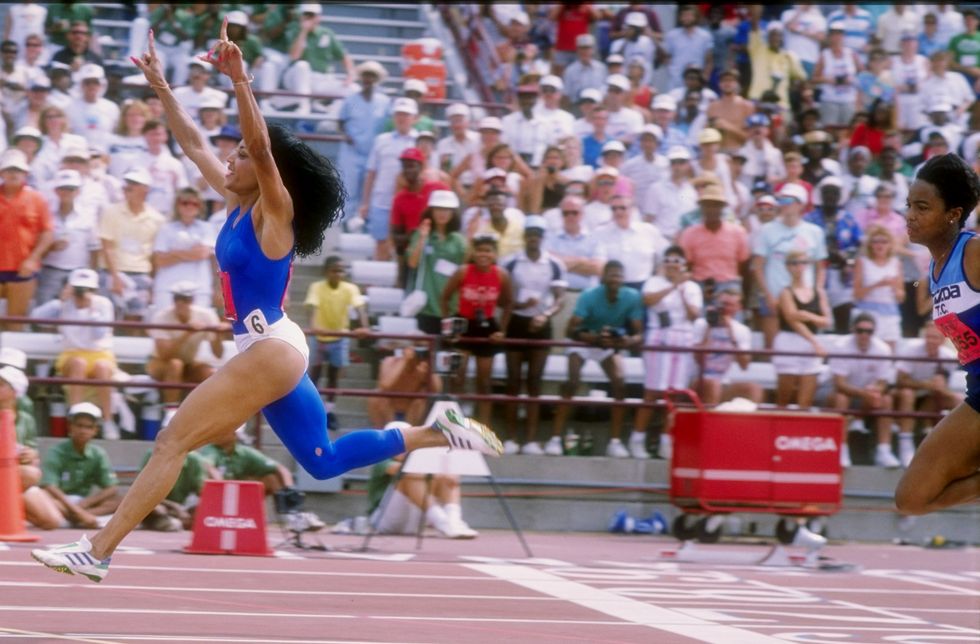 17 jul 1988  florence griffith joyner runs down the track during the olympic trials mandatory credit tony duffy  allsport