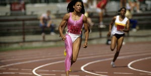 indianapolis, in   july 1988 florence griffith joyner competes during the 200m at the 1988 us track and field olympic trials in indianapolis, indiana photo by focus on sportgetty images