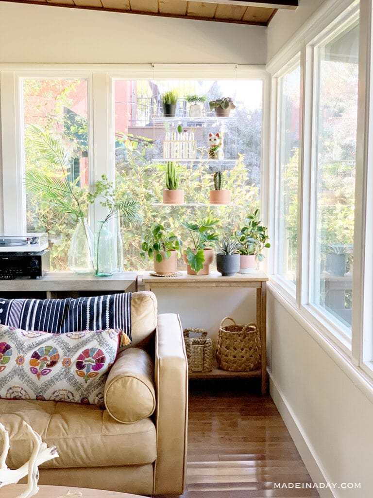 boho living room with plant wall