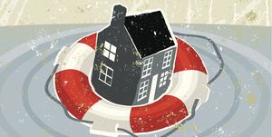 safe as houses a stylized vector cartoon of a life preserver in water and a house, reminiscent of an old screen print poster and suggesting consequences, risk, danger, life saver, mortgages, home insurance, safe house, home, home finance, or home security ring, house, waves, water, paper texture, and background are on different layers for easy editing please note clipping paths have been used, an eps version is included without the path