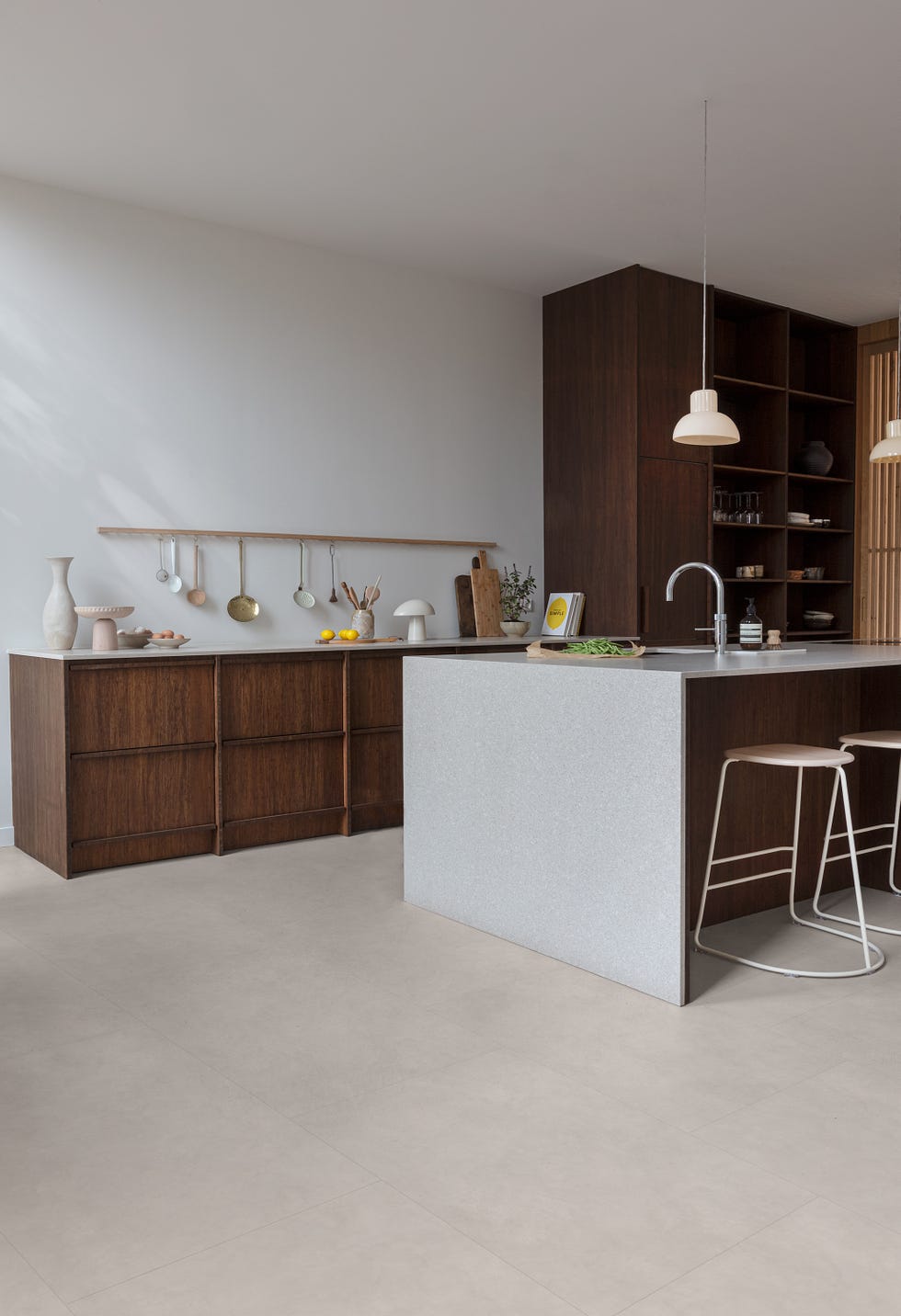 neutral brown kitchen with luxury vinyl tile flooring