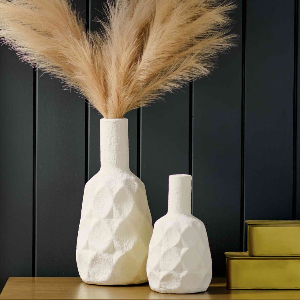 decorative vases with pampas grass on a shelf