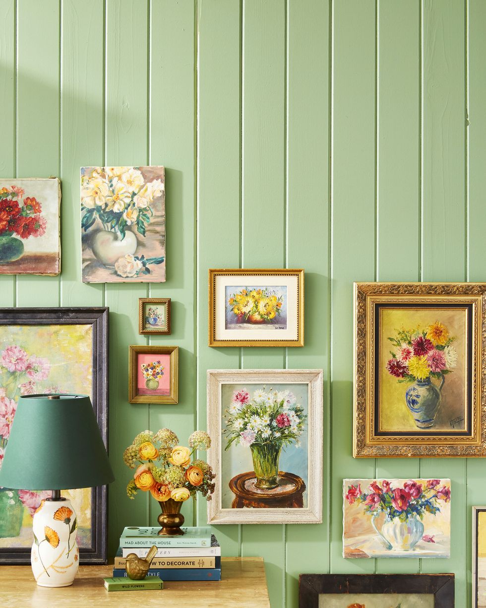 wall of floral paintings