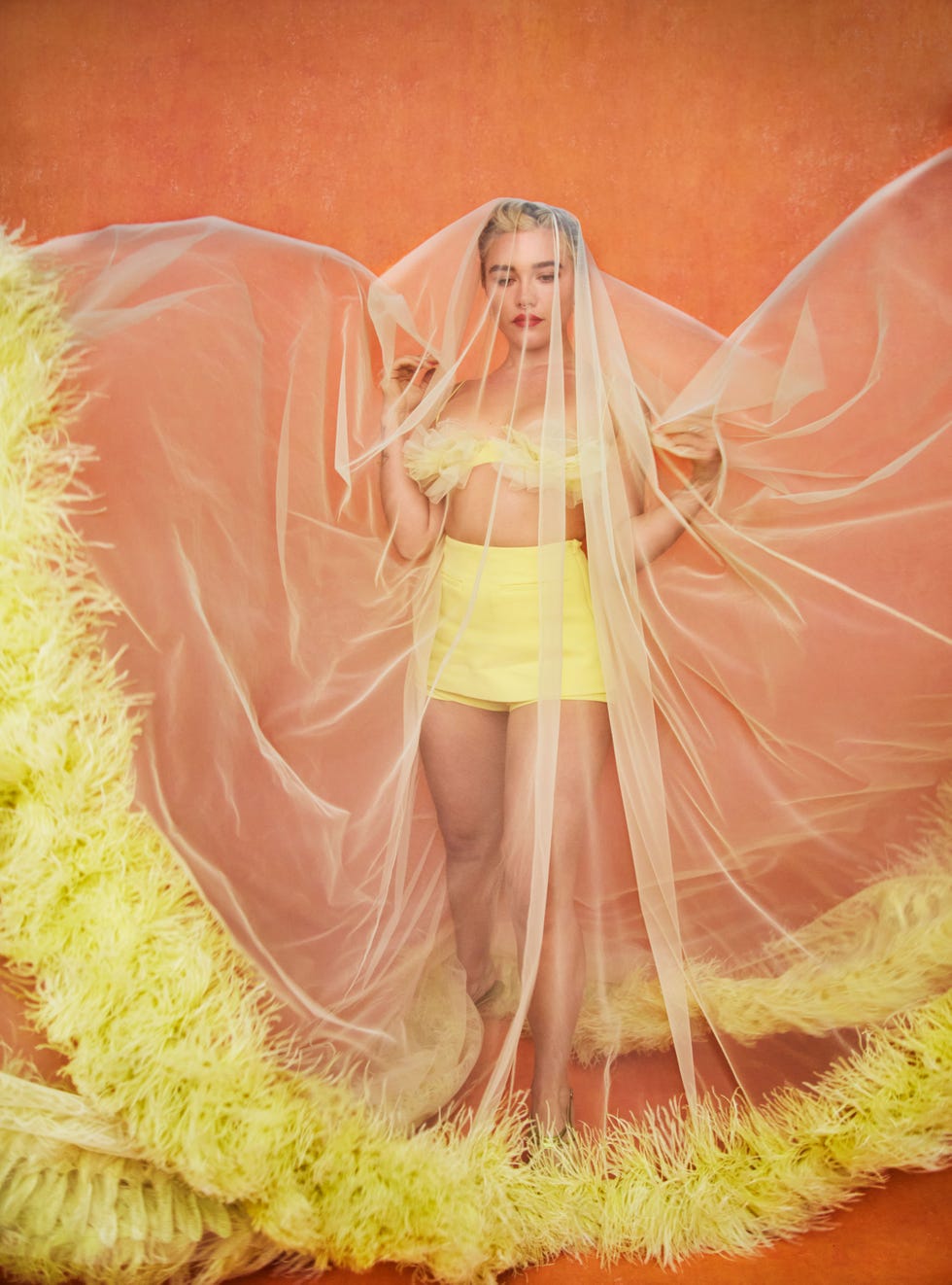 tulle and feather veil; tulle and cady bra; cady skirt shorts, £795, all david koma. white gold and diamond rings from, both repossi. leather slingbacks, from a selection, giambattista valli