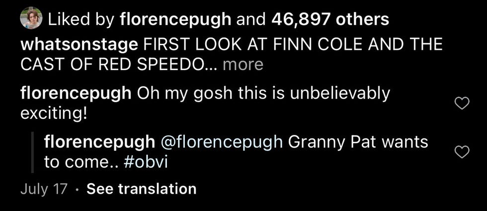 florence pugh's comment on finn's latest instagram