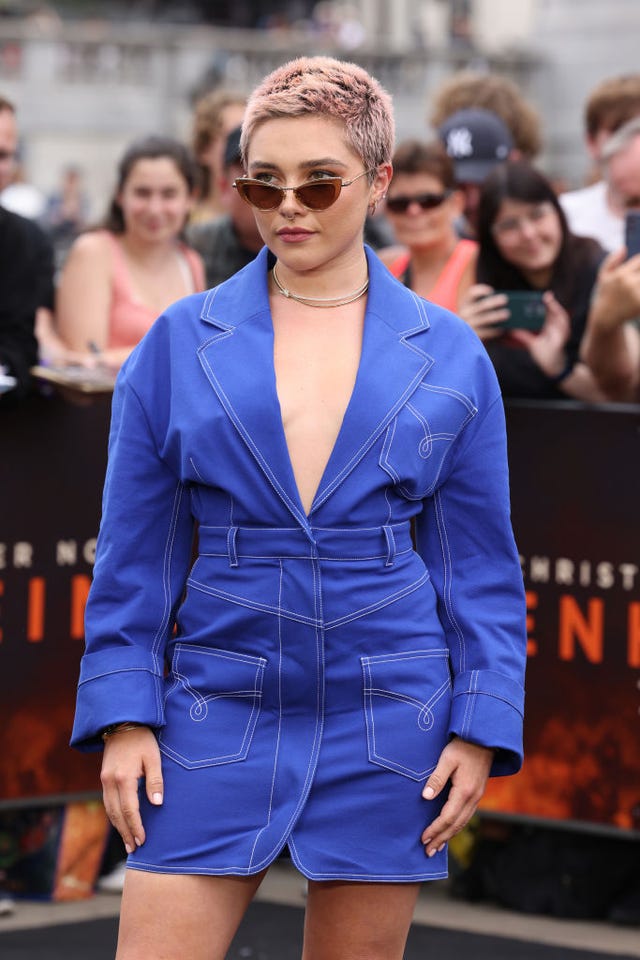 Florence Pugh wears denim dress at Oppenheimer event in London