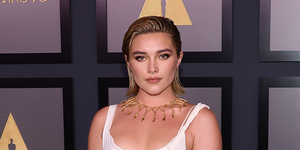 florence pugh on the red carpet with wet look bob and white dress