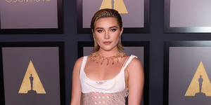 florence pugh on the red carpet with wet look bob and white dress