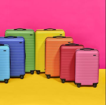 Suitcase, Hand luggage, Magenta, Baggage, Yellow, Pink, Purple, Luggage and bags, Material property, 