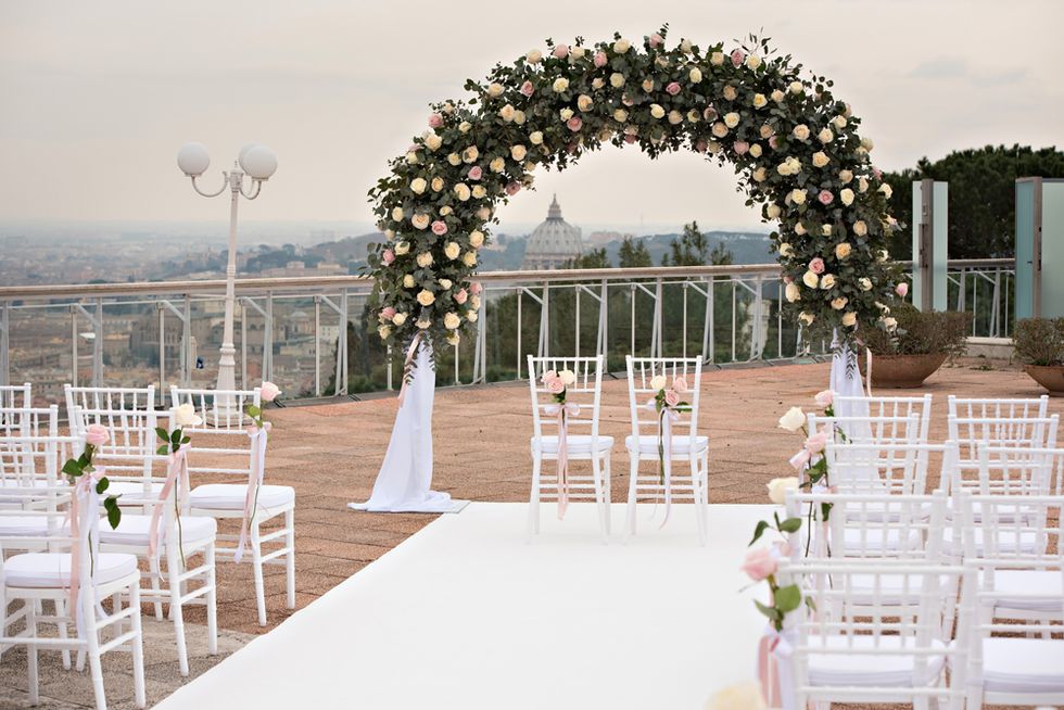 Decoration, Arch, Architecture, Aisle, Ceremony, Function hall, Wedding reception, Chiavari chair, Floristry, Chair, 