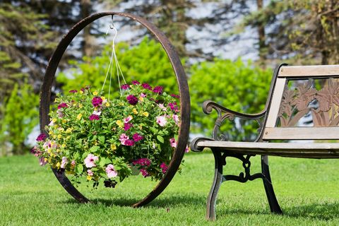 Flower Basket Hanging on Wagon Wheel by Garden Bench