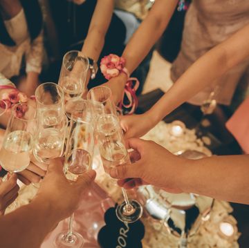 guests clinking glasses at bridal shower