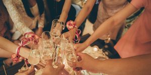 guests clinking glasses at bridal shower