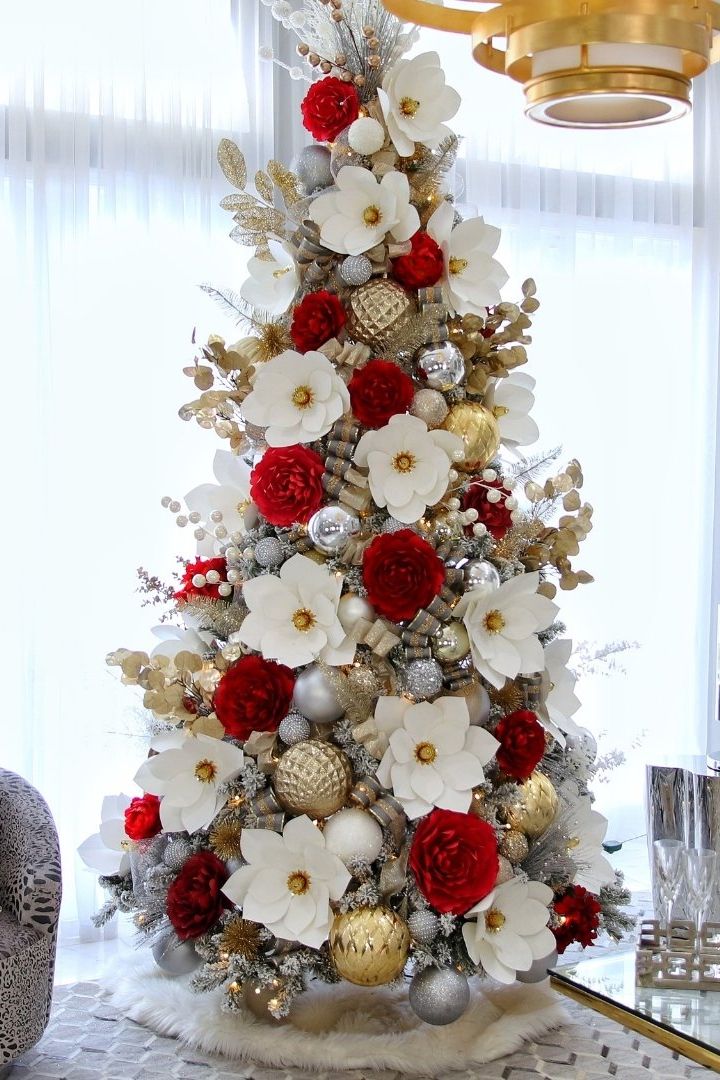 White christmas tree with clearance red and gold ornaments