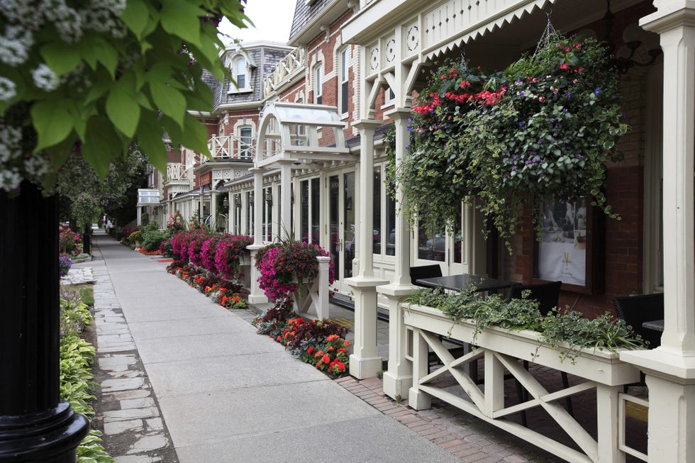 flowers decorated street of town