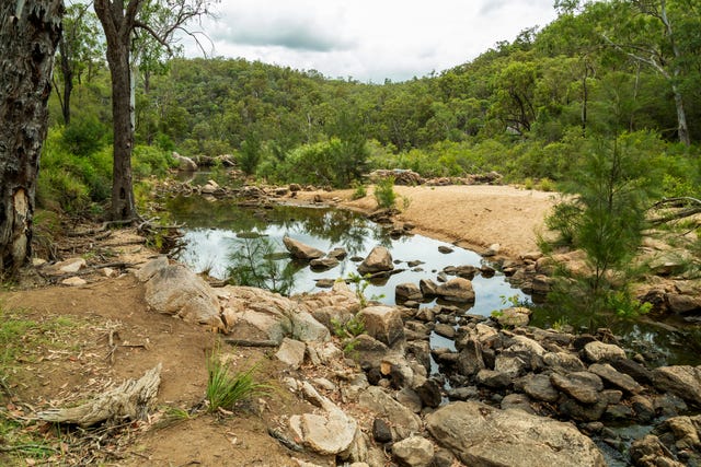 flowing river with pebbles, tree lined and reflections