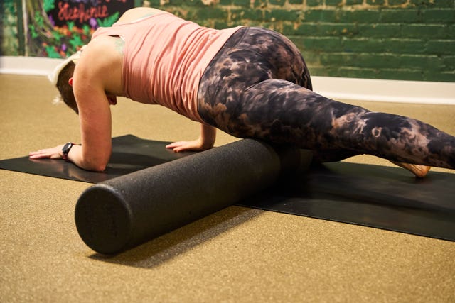 danielle and sue foam rolling at the valley om