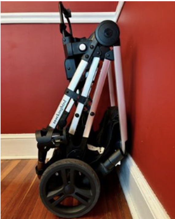 a mockingbird single stroller, folded and upright, part of a good housekeeping review of the mockingbird strollers