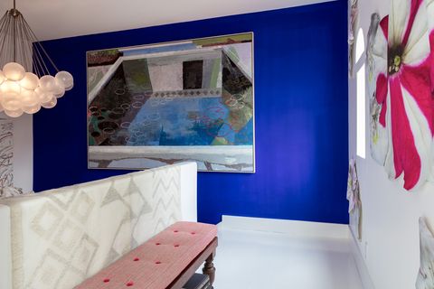 Blue, Room, Interior design, Wall, Pink, Azure, House, Design, Home, Textile, 
