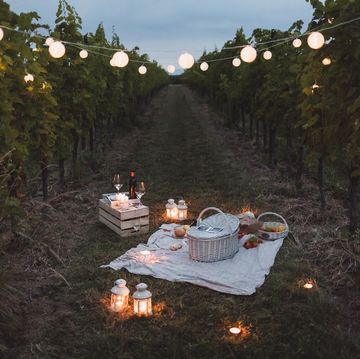 food and light arranged in vineyard for a picnic at night
