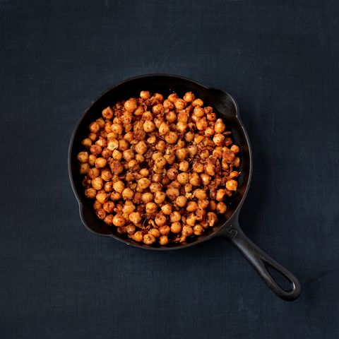roasted chickpeas in a black cast iron skillet