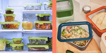 food storage containers in a refrigerator and on a countertop