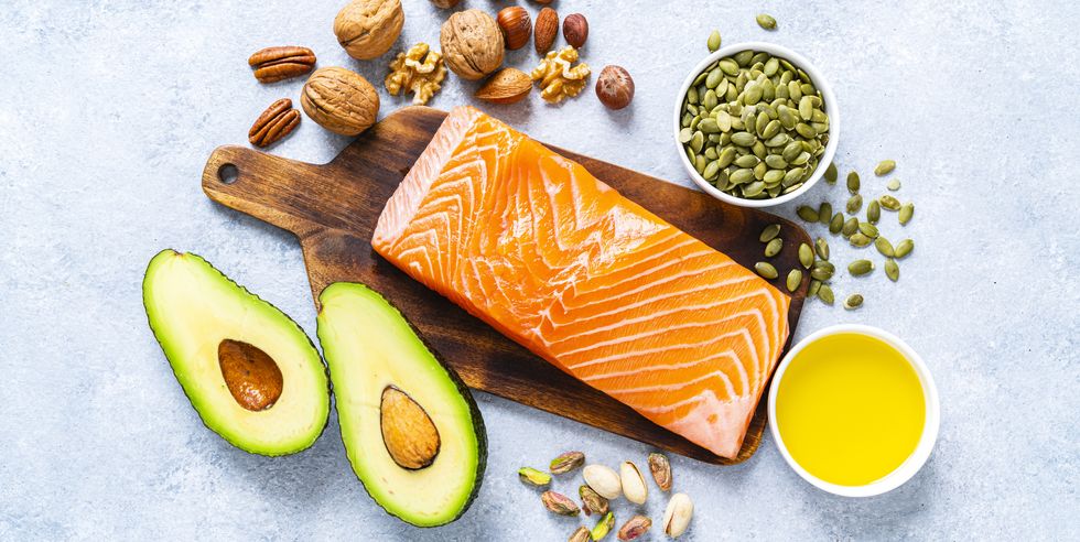 food with high content of healthy fats overhead view