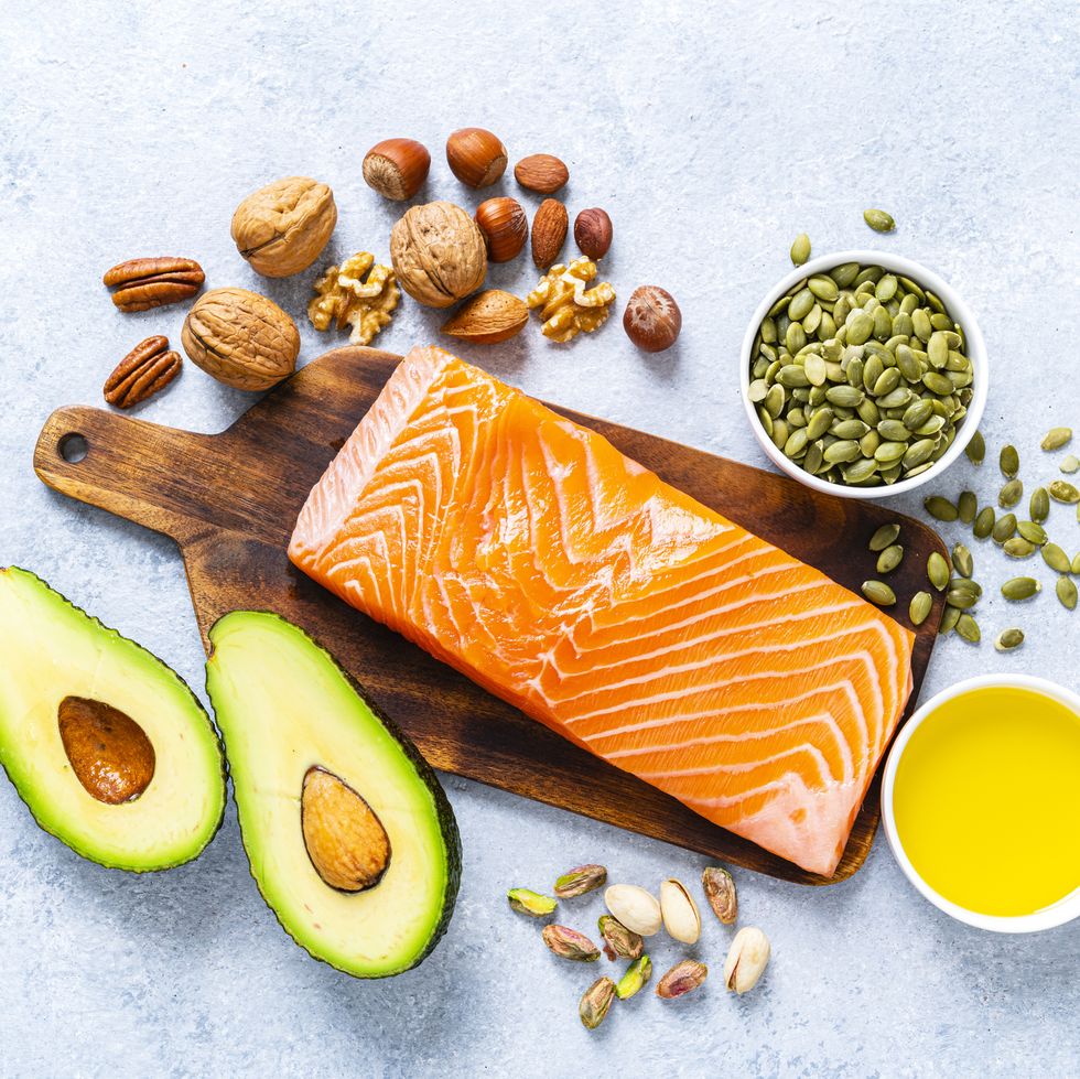 food with high content of healthy fats. overhead view.