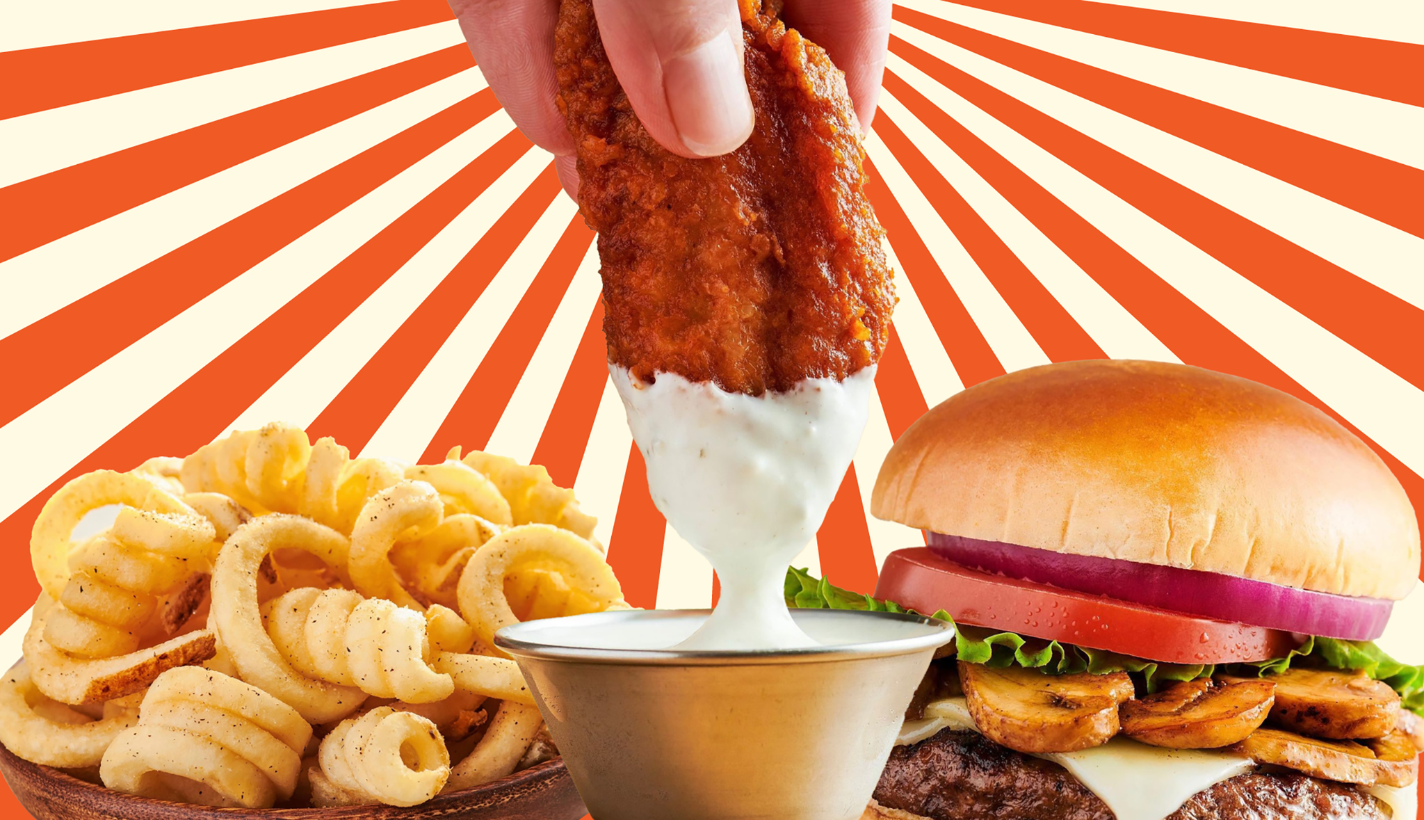 a chicken tender getting dipped into sauce with a burger and fries on the side and graphic rays of orange and beige in the background