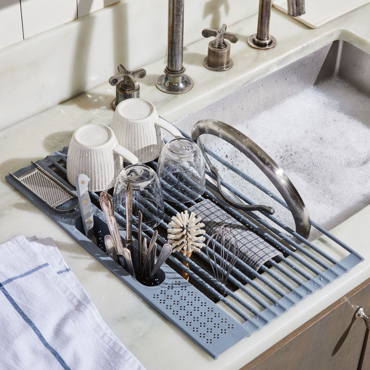 Silicone over the Sink Dish Rack with Caddy