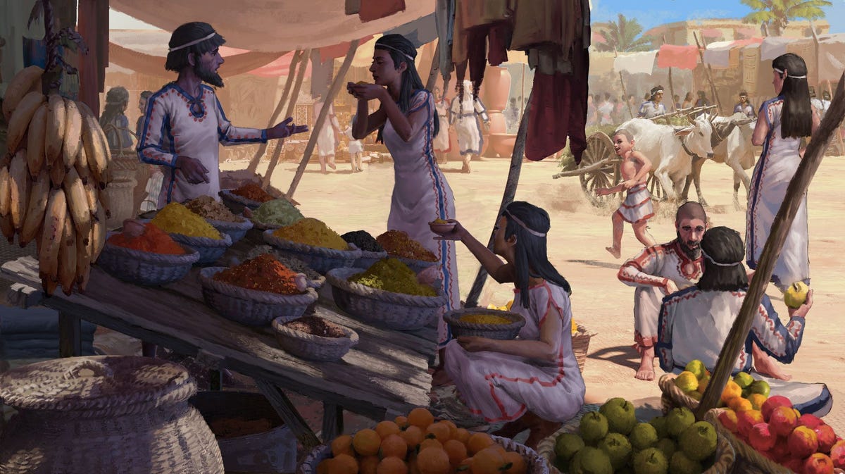 Een schilderij van een markt in het oude Megiddo met daarop handelaren die niet alleen tarwe gierst en dadels verkopen  die in heel het oostelijk Middellandse Zeegebied groeien  maar ook karaffen met sesamolie en schalen met kurkuma afkomstig uit ZuidAzi