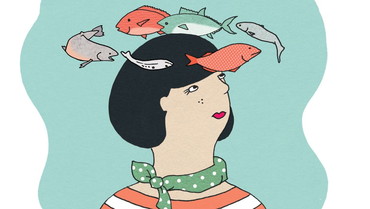 Illustration of woman surrounded by fish