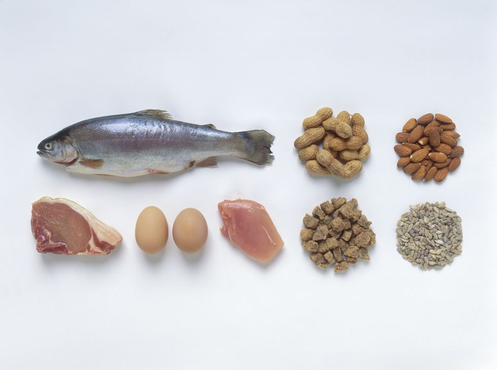 Foods with good sources of protein including trout, pork chop, chicken breast, eggs, almonds, peanuts and sunflower seeds
