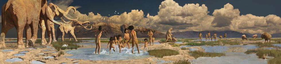 In deze illustratie is te zien hoe het leven aan de oever van het nu verdwenen Lake Otero er ruim 20000 jaar geleden uit kan hebben gezien