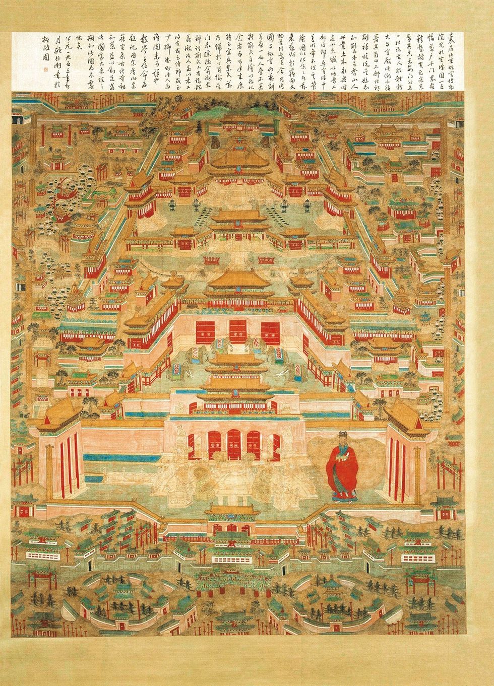Dit 15eeeuwse schilderij tempera op zijde toont de vele paleizen paviljoenen en binnenplaatsen van de Verboden Stad