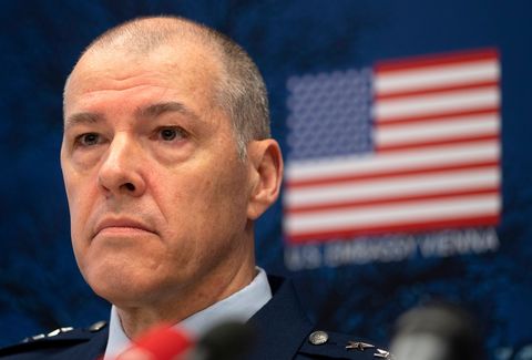 us air force's lieutenant general thomas bussiere looks on during a press conference on june 23, 2020 in vienna after the us and russia met for talks on their last major nuclear weapons agreement
