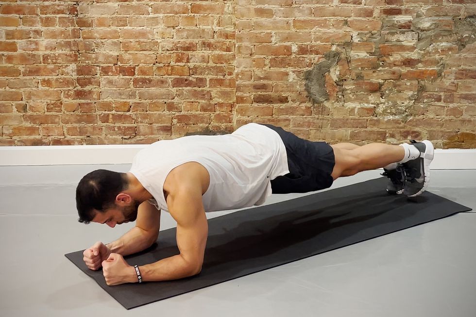 deep core exercises, forearm plank walk back