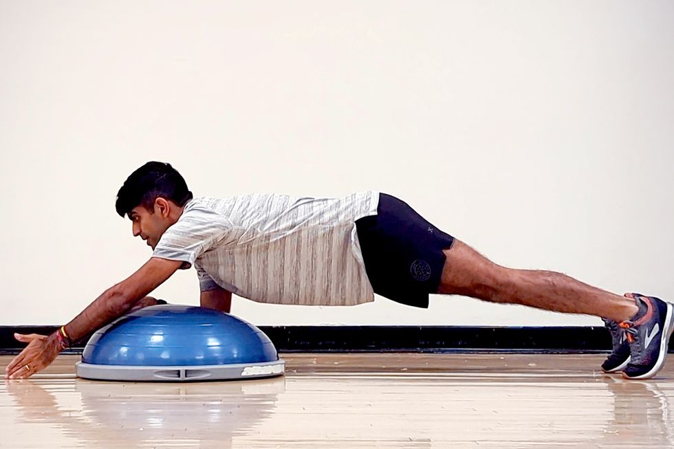 bosu ball exercises for beginners, forearm plank with reach