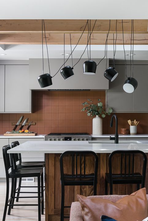 a kitchen with a light fixture