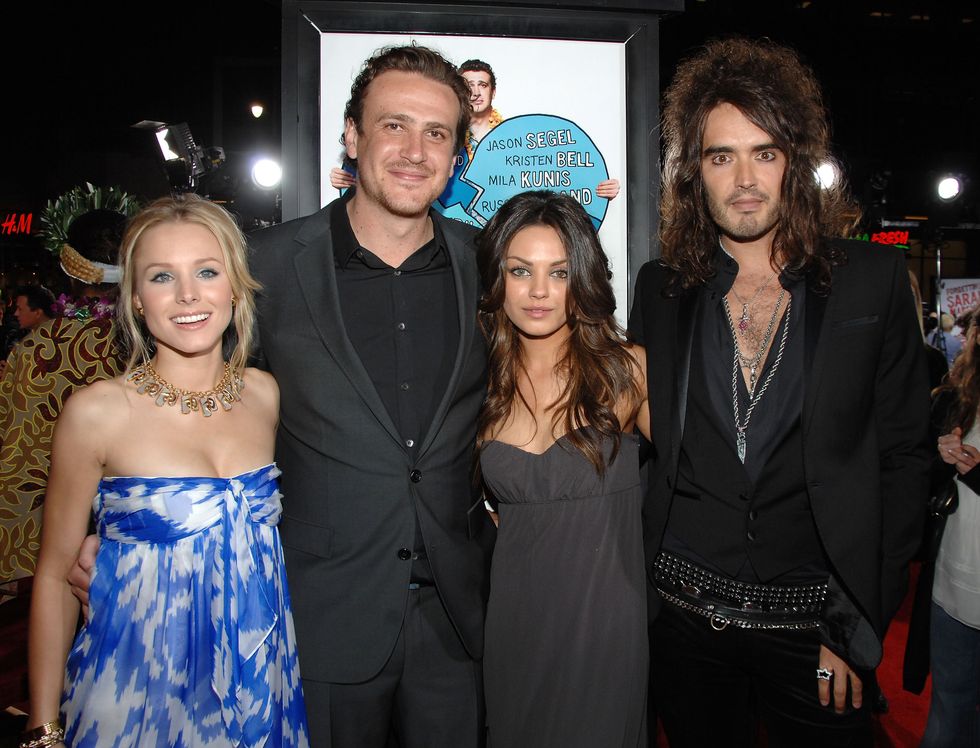 russell brand with his forgetting sarah marshall costars kristen bell, jason segel and mila kunis in 2008