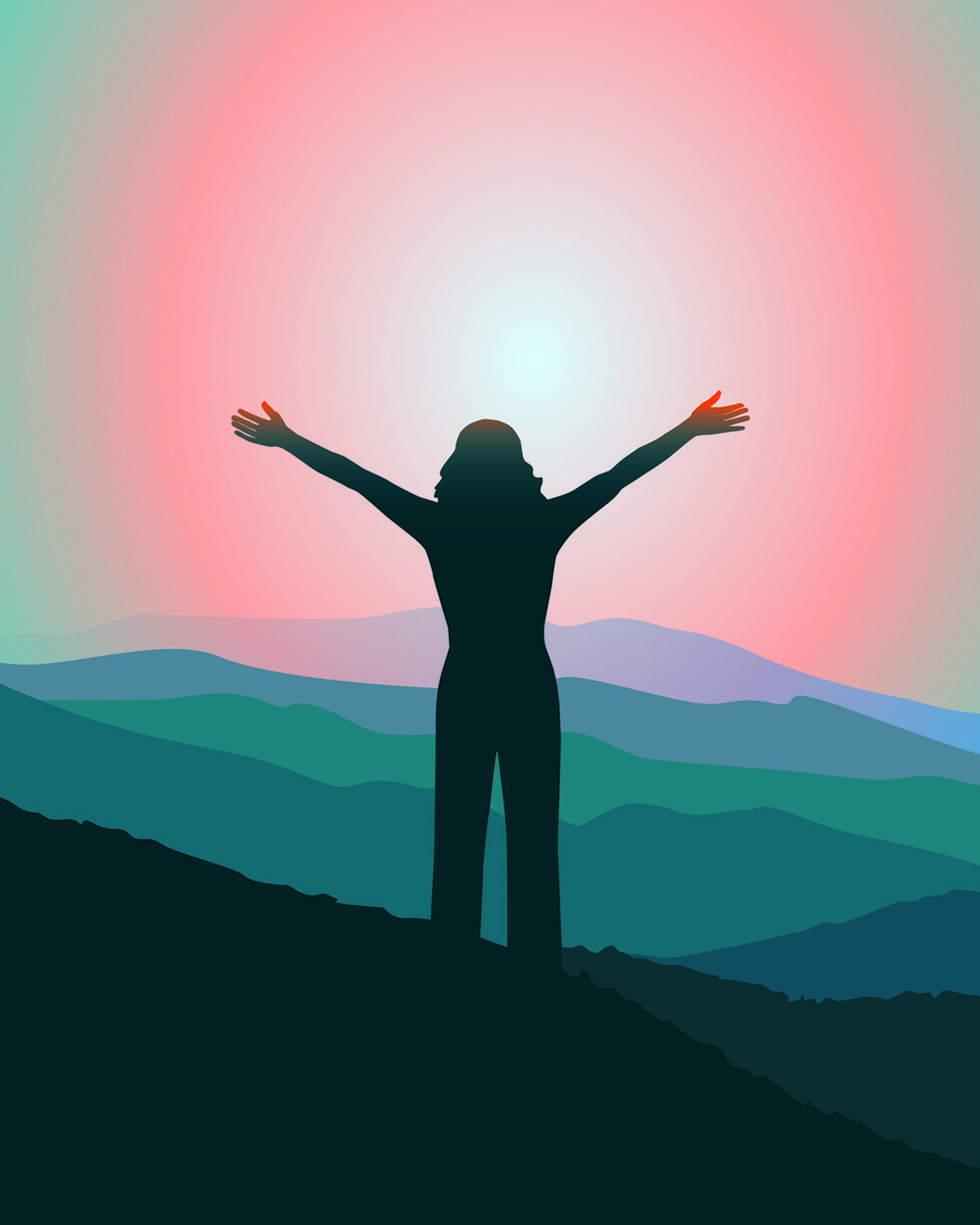 illustration of woman with arms stretched wide looking at mountain sunset