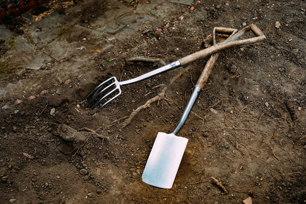 fork and spade on soil