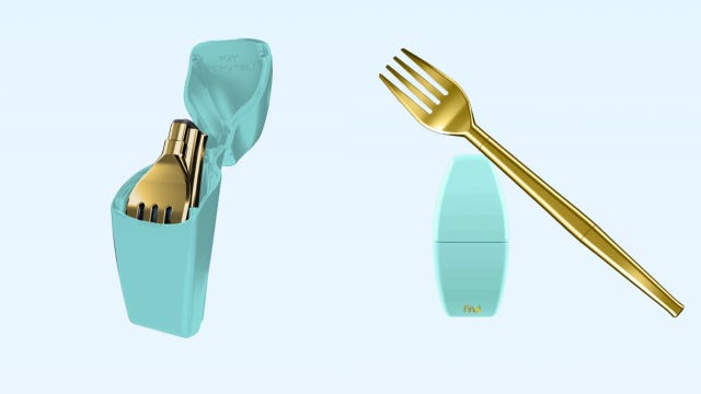 foldable fork in gold with a light teal case