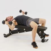 Weights, Exercise equipment, Dumbbell, Arm, Shoulder, Joint, Bench, Leg, Physical fitness, Knee, 