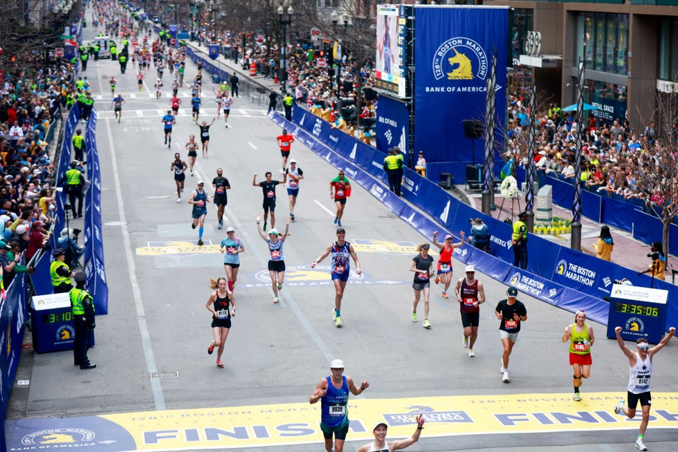 runner at the 128th boston marathon finish line