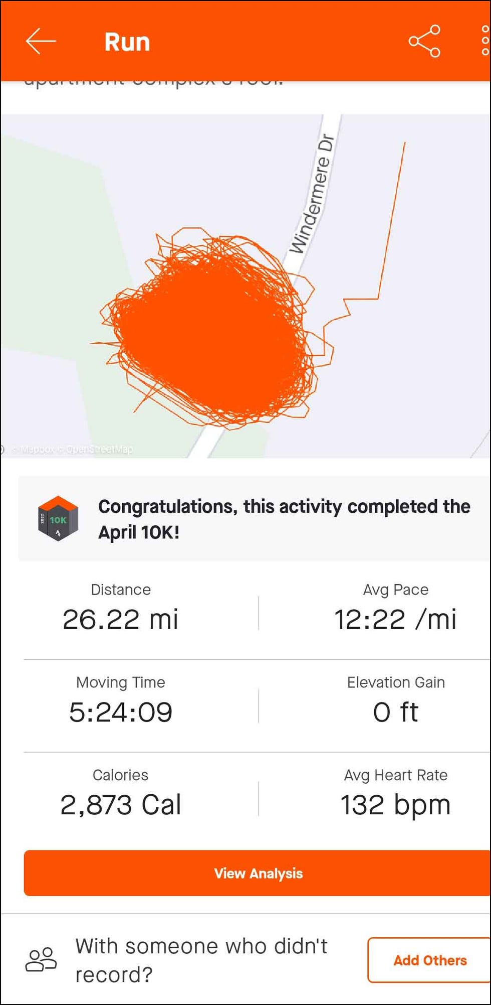 strava data from forrester safford's driveway marathon april 2020
