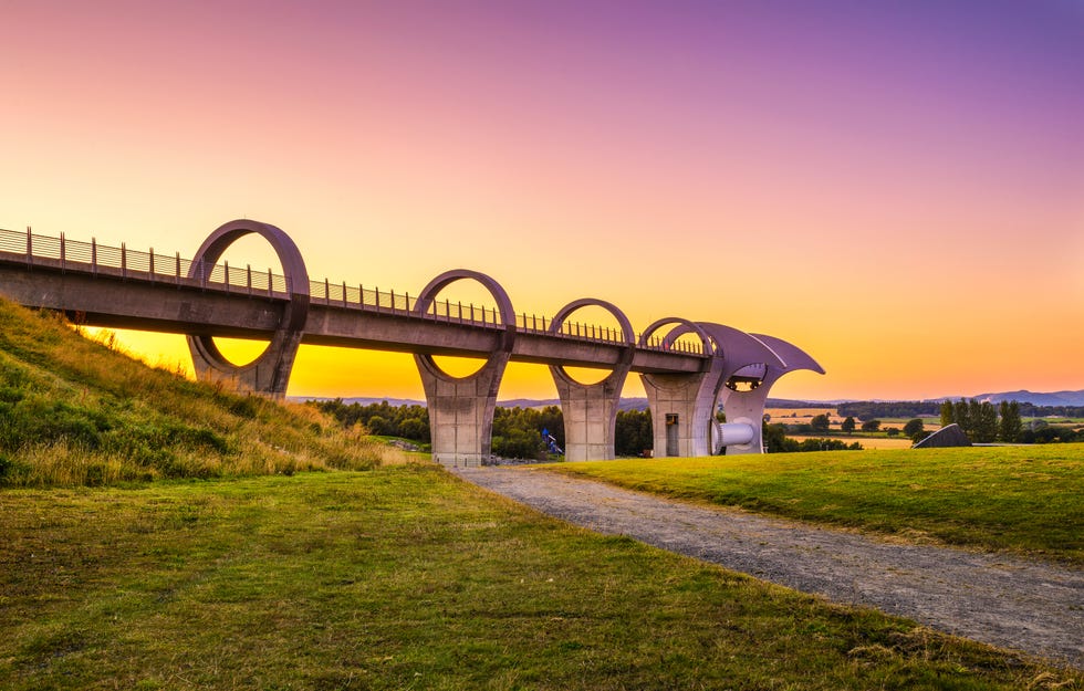 sunset at the famous falkirk wheel canal bridge