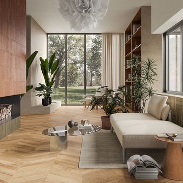 marca corona living room con pavimento ceramica effetto parquet