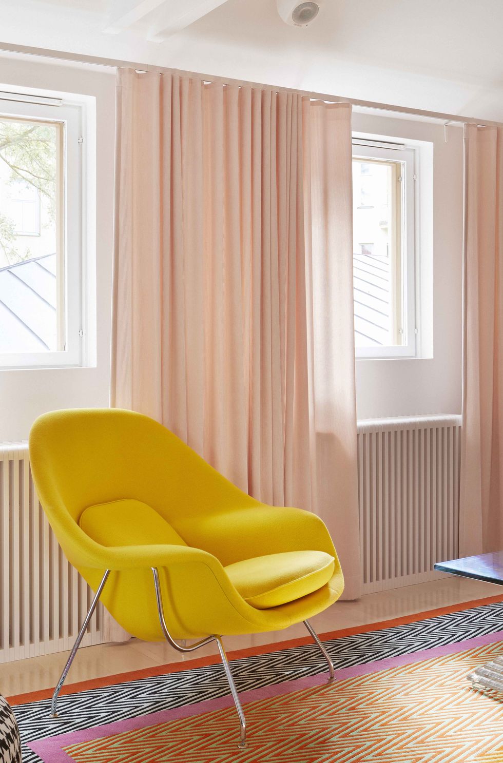 Room, Furniture, Yellow, Interior design, Curtain, Property, Window covering, Floor, Window treatment, Orange, 