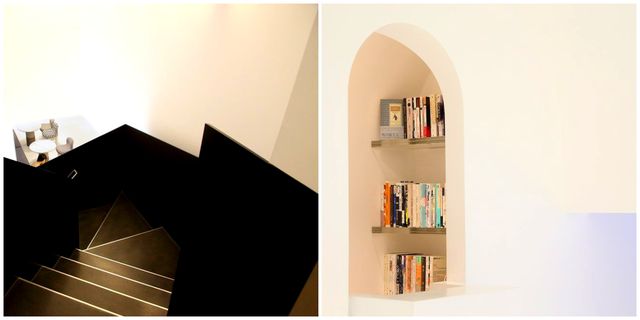 Shelf, Shelving, Bookcase, Architecture, Interior design, Room, Wall, Furniture, Stairs, House, 